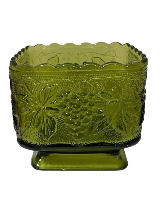 Indiana Glass Pedestal Square Bowl Vase Green Candy Dish Grapes Leaves Scalloped