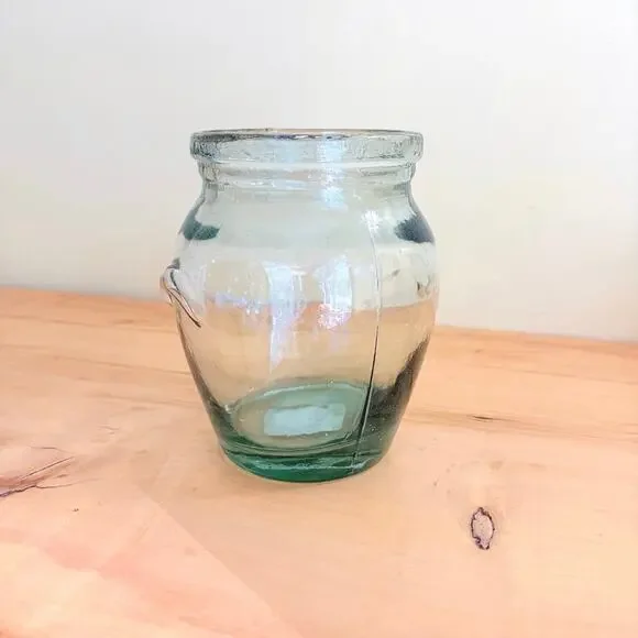 Vtg Mold-Blown Recycled Green Glass Olive Jar Crock Vase Artisan Rustic