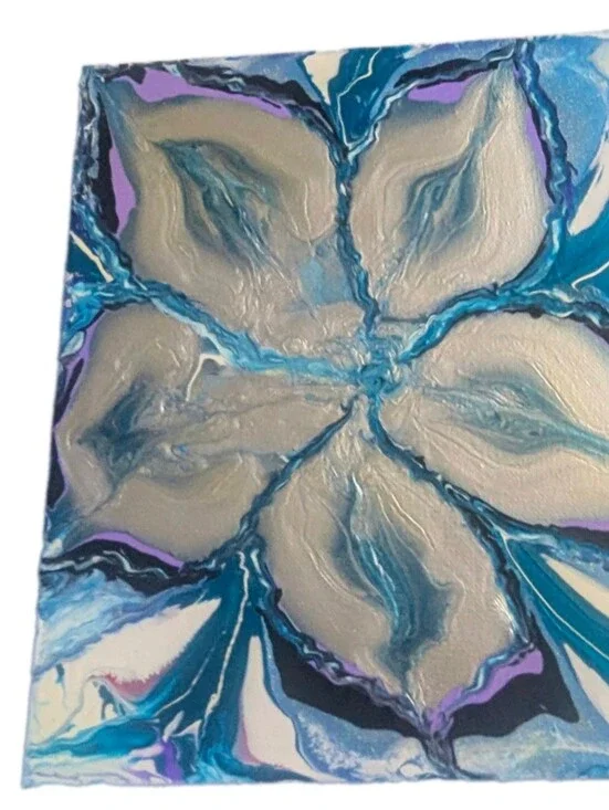 Abstract Fluid Pour Painting Teal Silver Acrylic 8