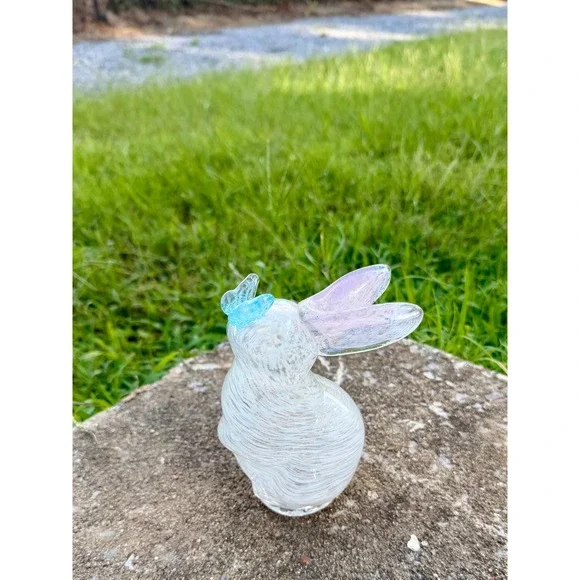 Hand Blown Art Glass Bunny Figurine White Swirl Pink Ears Blue Butterfly 8.5in