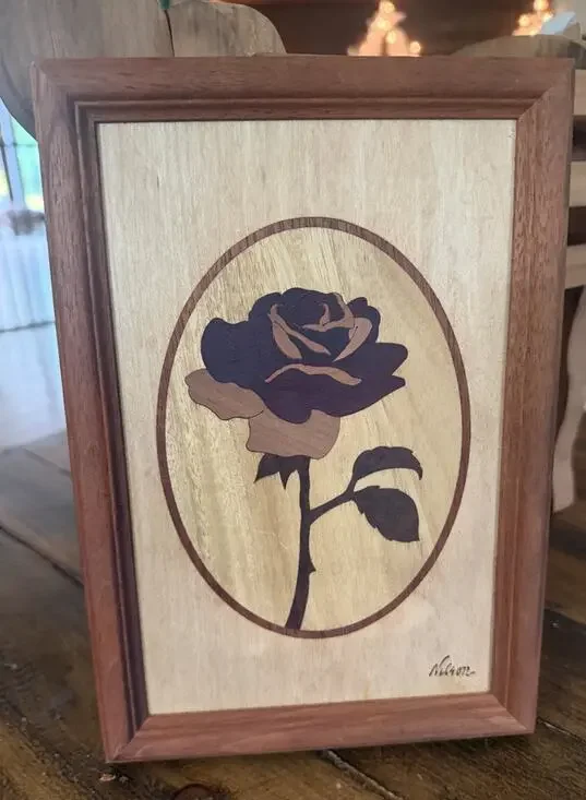 Handmade Framed Hudson River Wood Marquetry Inlay By Jeff Nelson - Red Rose #36