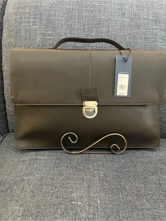 Cole Haan Dark Brown Leather Briefcase with Silver Hardware