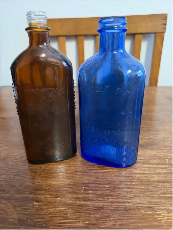 Vintage Cobalt Blue Phillips Milk of Magnesia Bottle & Amber Embossed Medicine B