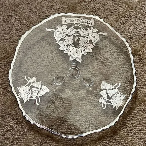 Vintage 50th Wedding Anniversary Glass Plate with Silver Detailing & Feet