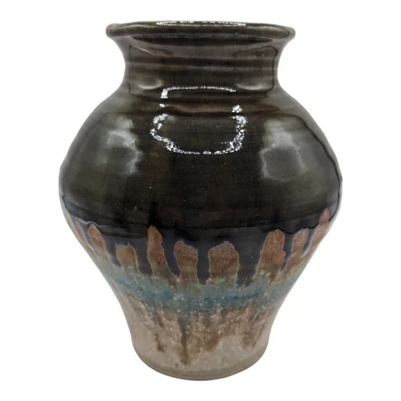 Drip Glaze Art Pottery Brown Blue Round Vase Hand Thrown Signed Kathleen?