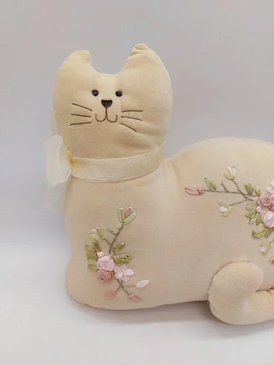 Kitty Cat Yellow Plush Stuffed Cottage Core Floral Decor