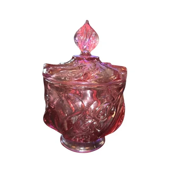 Fenton Signed Candy Dish Pink Paisley Swirl VTG Glass Lid Pedestal Bowl 7.5X5X5