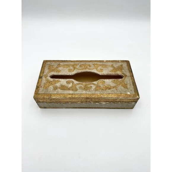 Florentine Tissue Box Cover: Gilded Gold & White, Hollywood Regency Decor