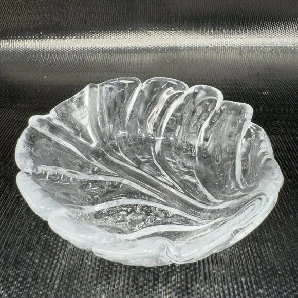 Orrefors Sweden EDEN Clear Glass Crystal‎ Dish Bowl Leaf Shaped W Sticker VTG