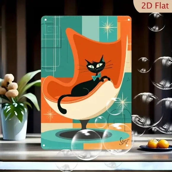 Vintage Mid-Century 2D Black Cat Tin Metal Sign Decor Hanging Vertical Wall Art