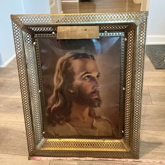 Vtg Jesus Lithograph Picture Brass Frame Warner Sallman MCM Midcentury Modern‎