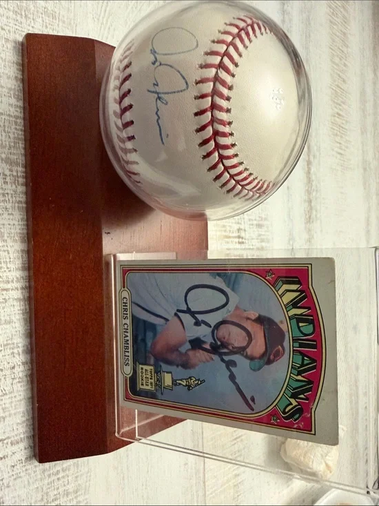 Autographed White Baseball Display with Brown Wood Base Chris Chambliss