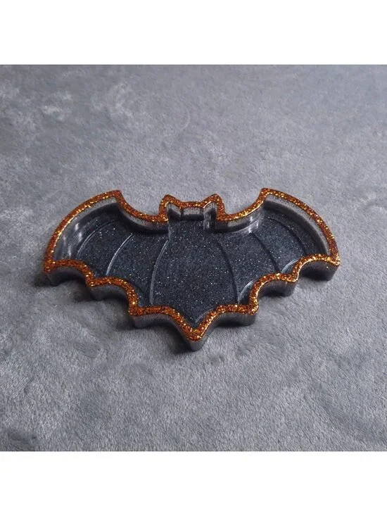 Black Bat Shaped Resin Tray Orange Glitter Trim Decorative Handmade Trinket Dish