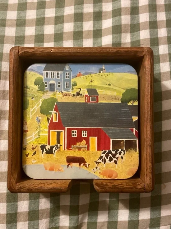 Farmcore Red Barn Farmhouse Coaster Set with Farm Animals