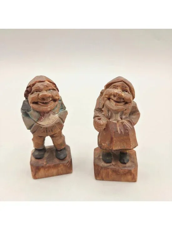 Vintage European Hand-Carved Wooden Figurines Old Couple Tyrolean Folk Art