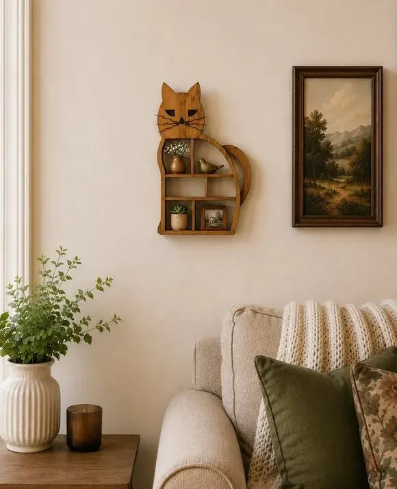 Vintage Wooden Cat Shelf Trinkets Knick Knacks Display Cubby Home Decor Kitten