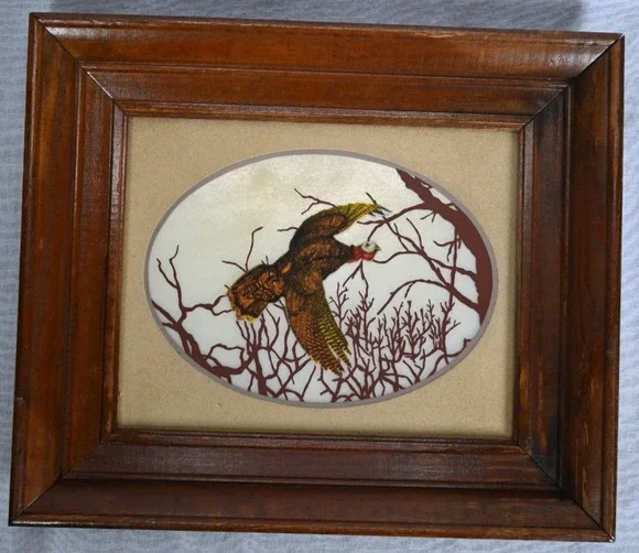 Vintage Quail on Glass Wood Framed Picture Flocked Quail Matting Art