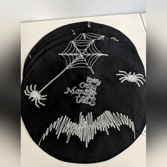 Halloween Elegant Spooky Black White Placemats  Spiders Webs Bats Decor