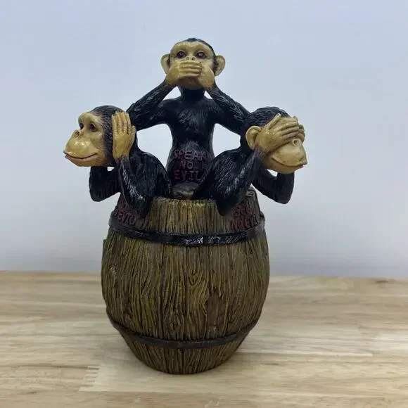 Vintage 4 Wise Monkeys in a Barrel: See, Speak, Hear, Do No Evil 3D Figure Decor