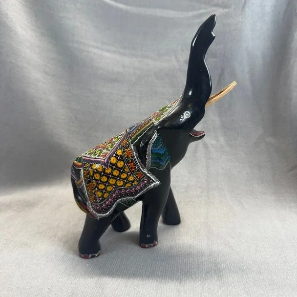 Hand Painted Elephant Figurine Black Multi Color Trunk Up Good Luck Folk Art