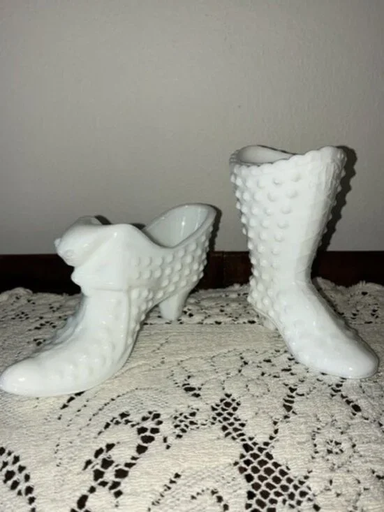Lot of 2 - Vintage Fenton Milk Glass Hobnail Cat's Head Slipper and Lace-Up Boot