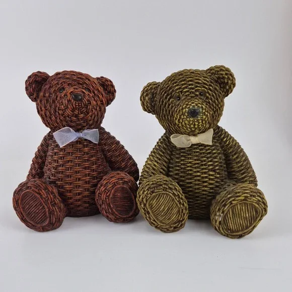 Vintage Faux Wicker Resin Teddy Bear Figurine Set Brown Green Country Decor 2pc