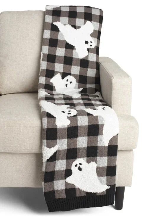 CR Curious Cynthia Rowely Ghost Plaid Knit Throw Blanket - Black/Whiskey New