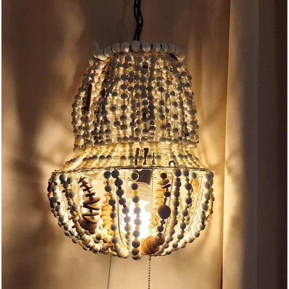 Vintage Boho Beaded Pendant Light Swag Lamp Wood Seashell Handcrafted Coastal‎