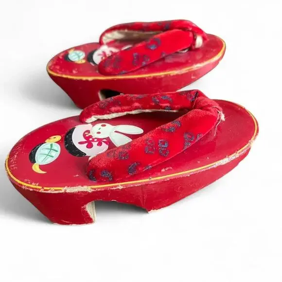 Vintage Japanese Wooden Red Painted Geta Kimono Sandals Geisha Children’s Shoes
