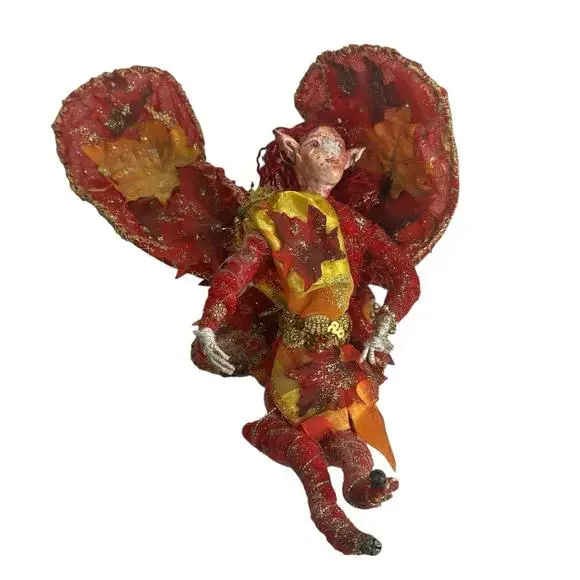 Handmade Fairy Art Doll Red Gold Leaves Wings Whimsical Pixie Fantasy Damaged