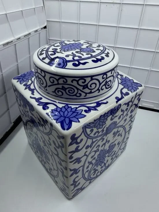 Vintage Asian Blue White Porcelain Tea Caddy, Lidded Jar, Lotus Flowers