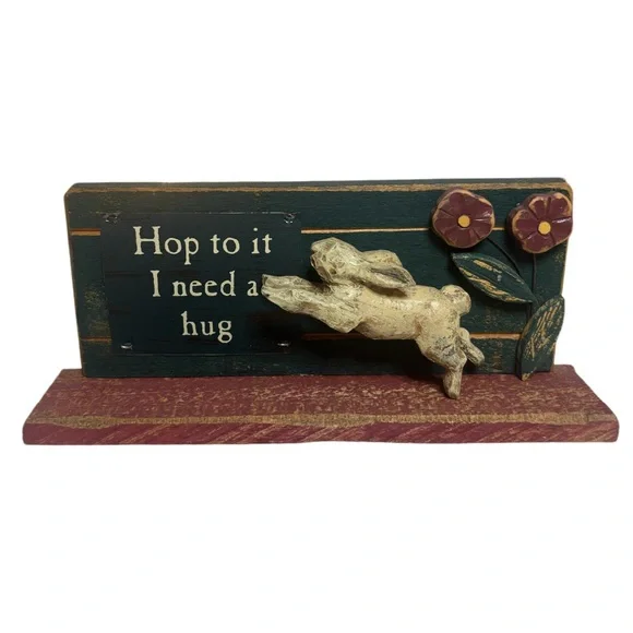 Hand Crafted Wood Art Picture Rabbit “Hop To It Need A Hug Sculpture Bunny