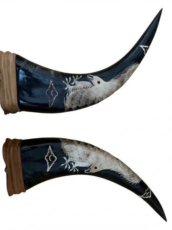 Hand-Painted Black Decorative Horn with White Crane Motif
