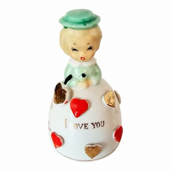 Vtg Girl Ceramic Bell W/ Hearts & I Love You In Different Languages Japan 3.5