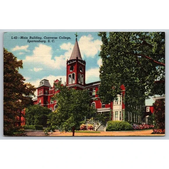 Vintage 1945 Linen Postcard Converse College Main Building Spartanburg SC