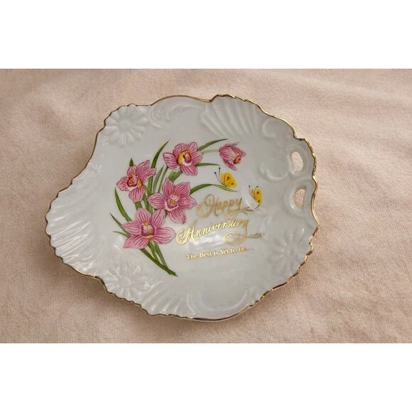 Vintage Plato Decorativo Feliz Aniversario – Flores Rosadas & Bordes Dorados – V