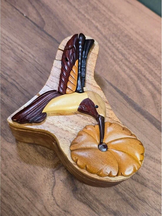 Vintage Hummingbird Wood Puzzle Box Carved Trinket Secret Case