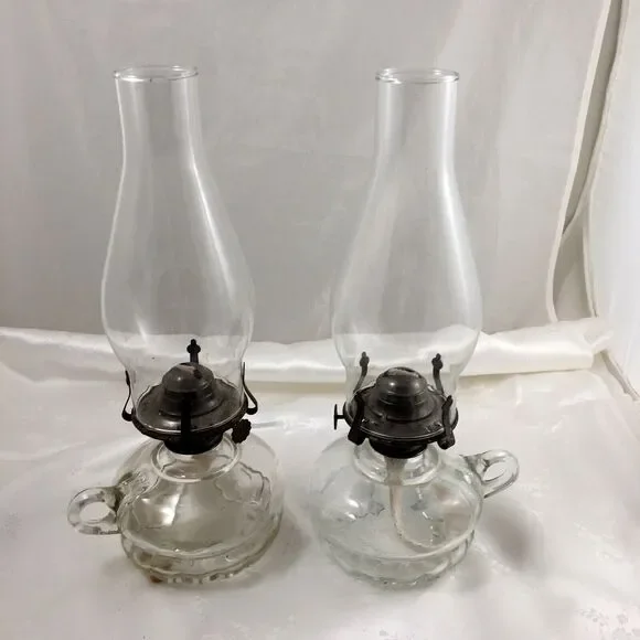 lot of 2 Matching Chamber Glass Oil Lamps Clear Glass with Handle