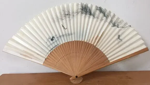 Vintage Japanese Chinese Sensu Painted Paper Wood Fan Signed Pine Tree Clouds