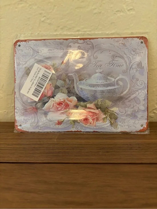 Vintage Style Tea Time Metal Tin Sign Floral Teapot Wall Decor 8x6 New