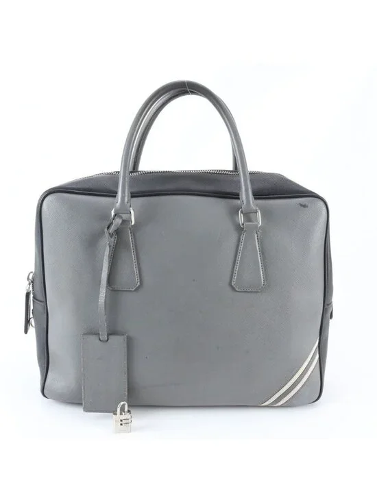 Prada Saffiano Leather Business Document Briefcase Tote Gray