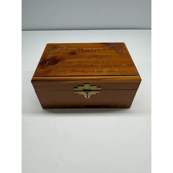 Vintage Cedar Wood Mother Poem Keepsake Box Floral Engraved Jewelry Chest 6x5