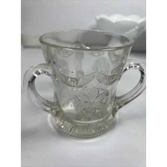 Antique US Glass Rising Sun Three Handled Loving Cup Spooner Tyg Clear 1908