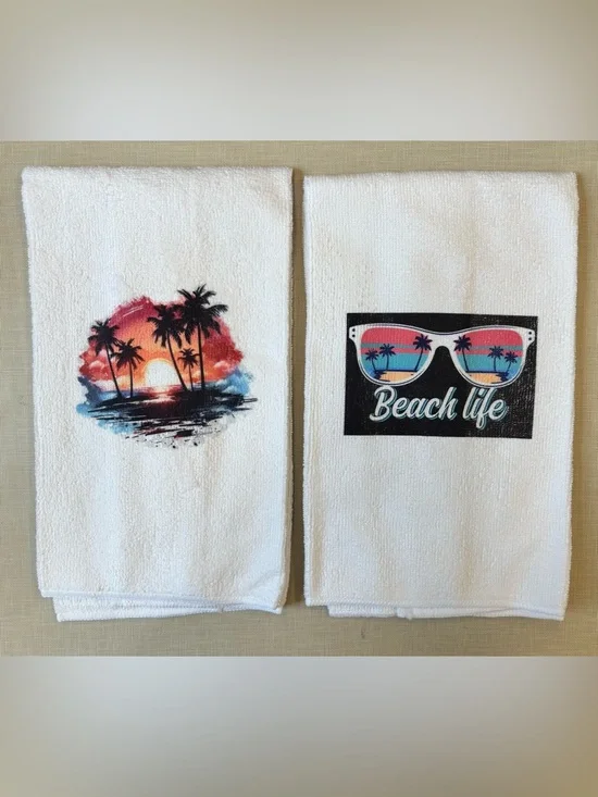 NEW White Beach Life Printed Cotton Hand Towels - Set of 2