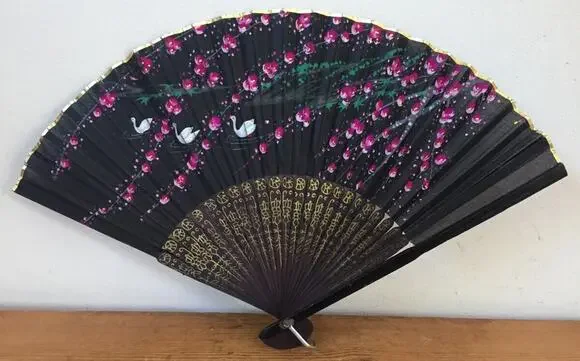 Vtg Antique Handpainted Wood Cloth Asian Japanese Chinese Sensu Fold Out Fan