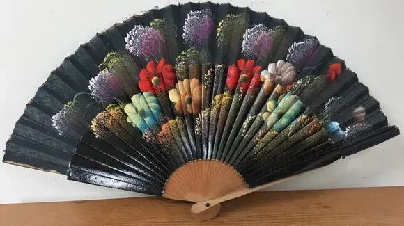 Vintage Antique Handpainted Wood Cloth Asian Japanese Chinese Sensu Fold Out Fan