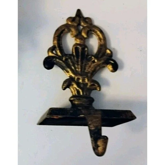 Vtg Ornate Gold Cast Metal Wall Hook Heavy Single Hat Coat Towel Key Hanger