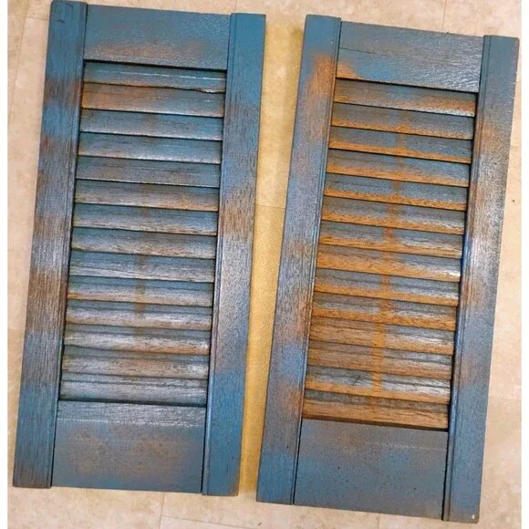 Pair Vintage Wood Window Shutters Architectural Salvage Distressed Blue 20