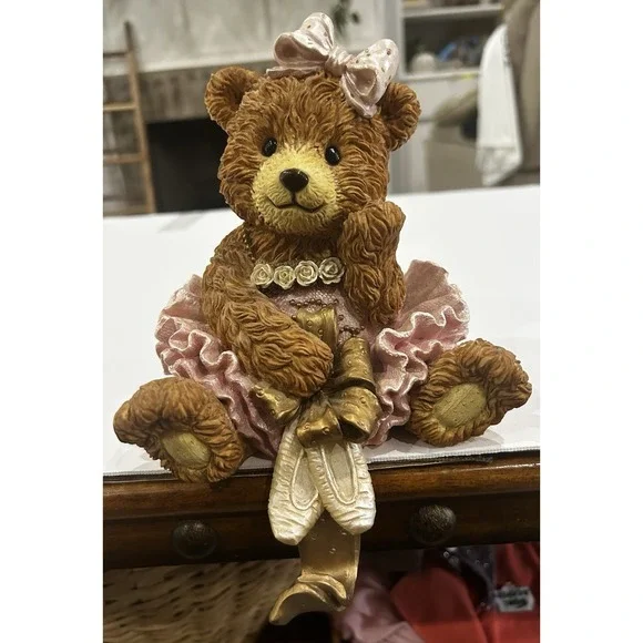 Vintage Teddy Bear Ballerina Resin Figurine W/ Hook Nursery Shelf Decor Dancer