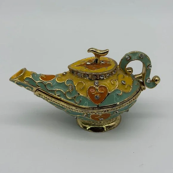 QIFU Aladdin Lamp Colorful Enamel Bejeweled Hinged Trinket Box Magnetic Close